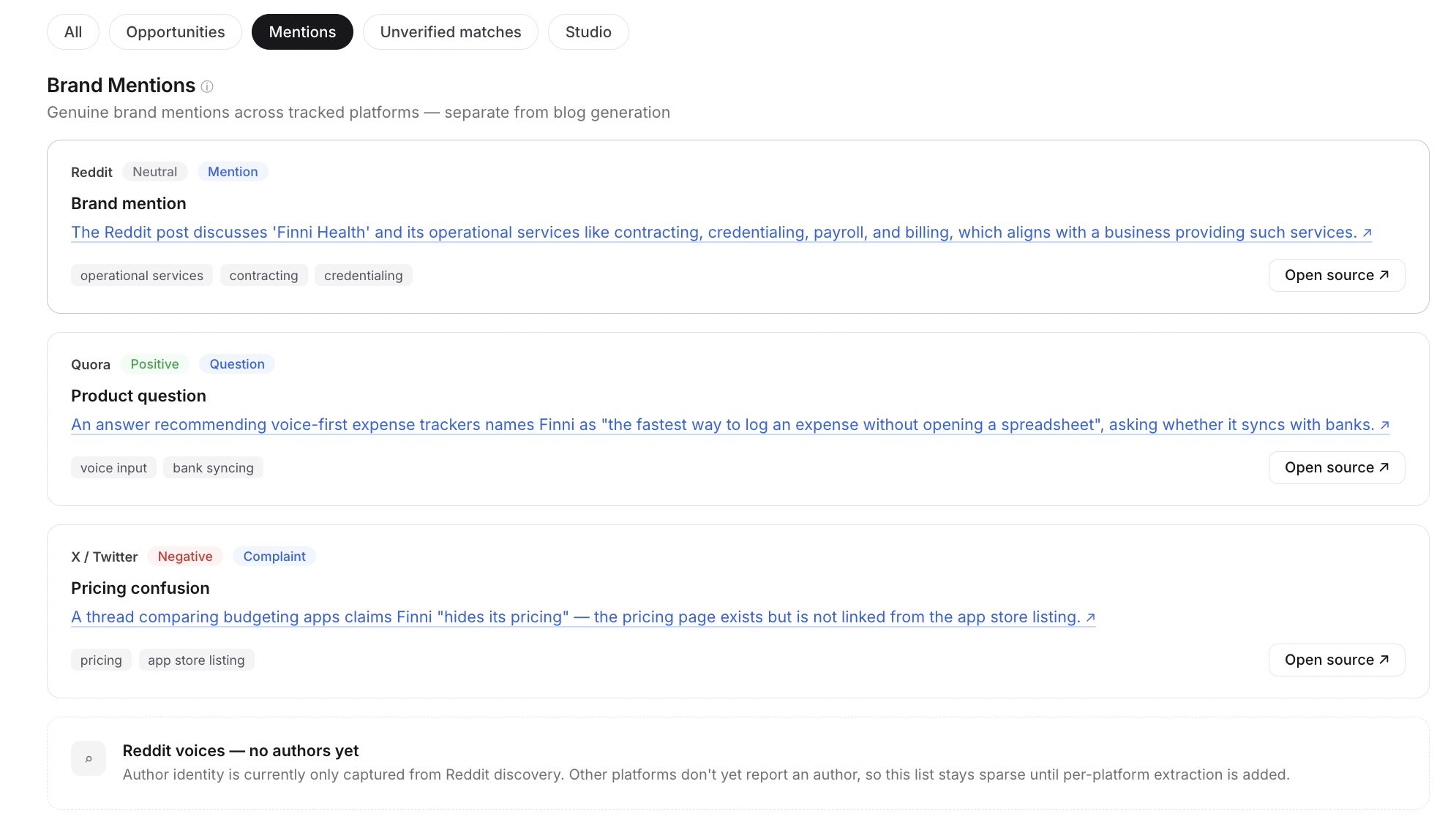 Brand mentions feed showing Reddit, Quora and X mentions with sentiment tags